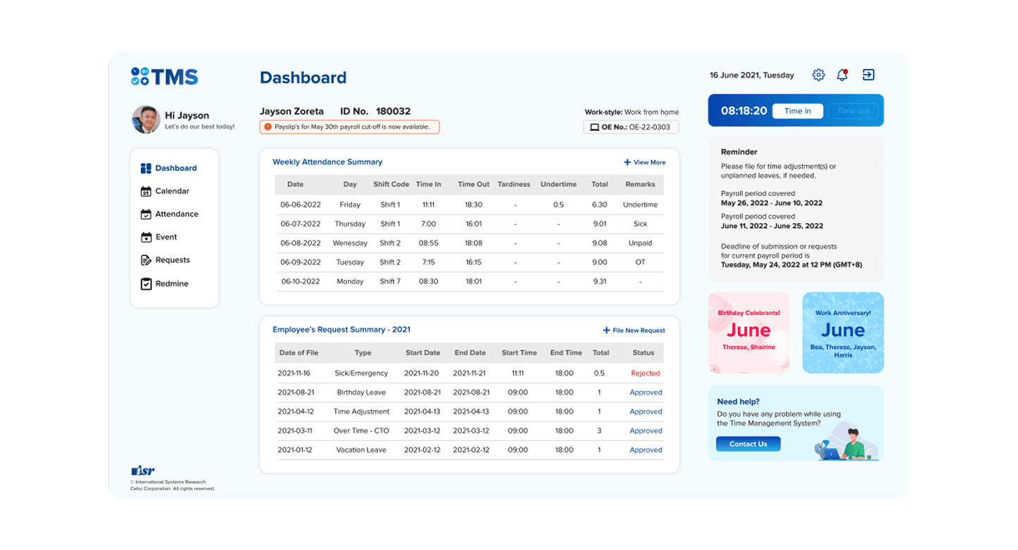 ISR PH time management system screenshot